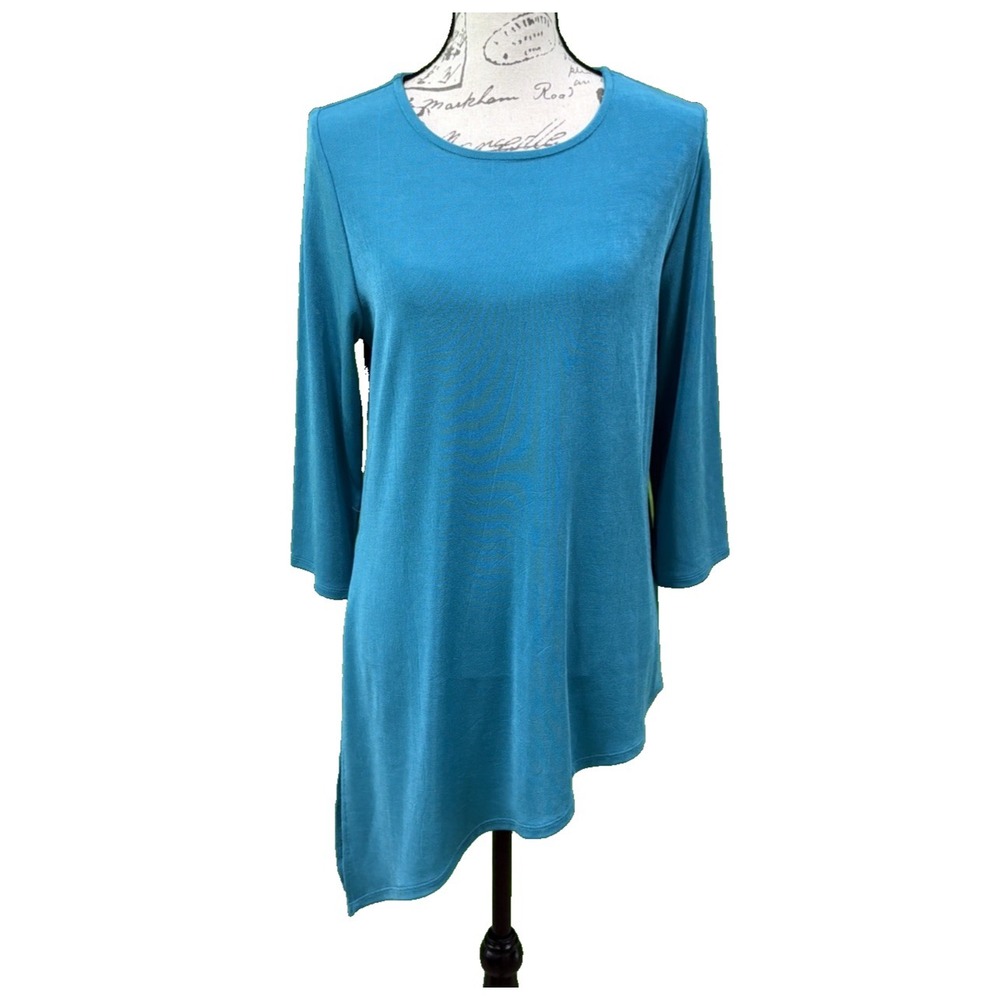 Chicos Tunic Size 1 US M Teal‎ Blue Green Asymmetrical Hem 3/4 Sl Travel Stretch